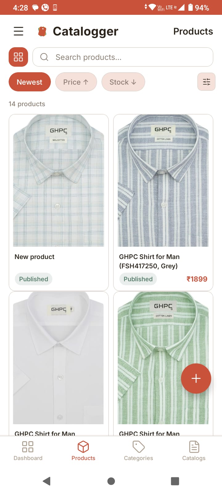 Products grid — browse and manage inventory