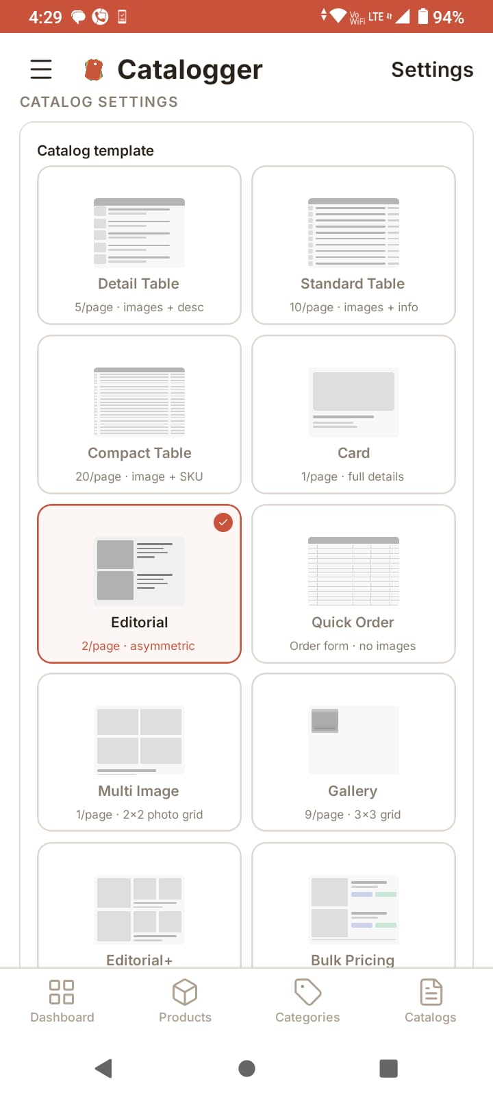 Catalog templates — pick your layout