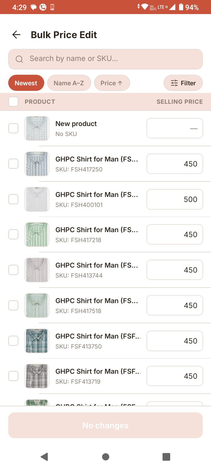 Bulk price edit — update all prices at once